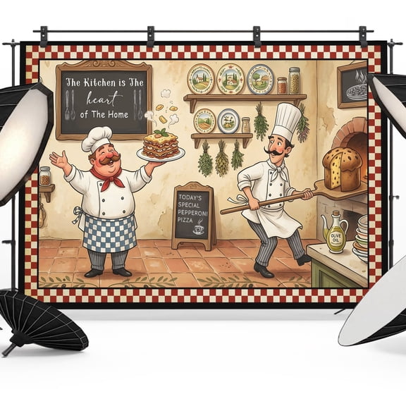 Photo Backdrop 8x10 ft Funny Chef Photography Backdrops Curtains Wall Covering Cozy Cooking Kitchen Red Plaid Photo Booth Drapes for Backdrop Photoshoot Wedding Party Birthday Background Screen