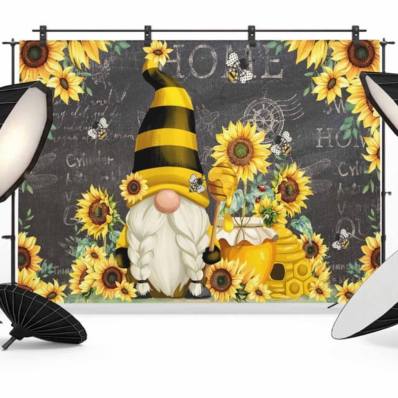 Photo Backdrop 8x10 ft Gnome Honey Bee Photography Backdrops Curtains Picture Wall Covering Sunflower Black Photo Booth Drapes for Backdrop Photoshoot Wedding Party Birthday Background Screen