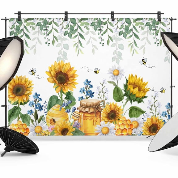 Photo Backdrop 8x10 ft Honey Bees Photography Backdrops Curtains Wall Covering Dairy Sunflower Green Leaves Photo Booth Drapes for Backdrop Photoshoot Wedding Party Birthday Background Screen