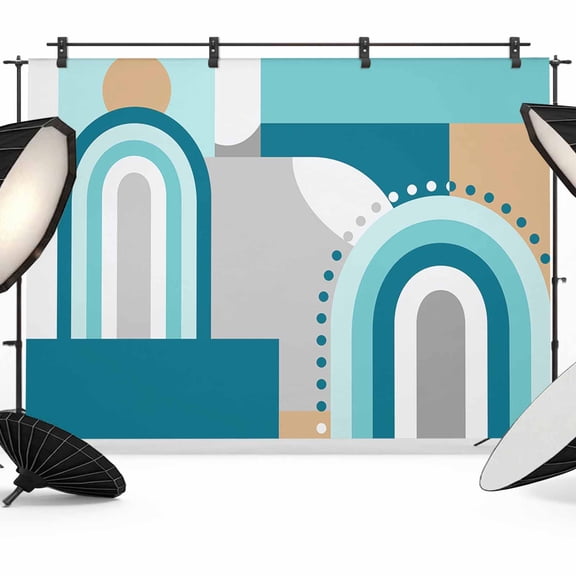 Photo Backdrop 8x10 ft Mid Century Abstract Photography Backdrops Curtains Wall Covering Modern Geometric Teal Photo Booth Drapes for Backdrop Photoshoot Wedding Party Birthday Background Screen