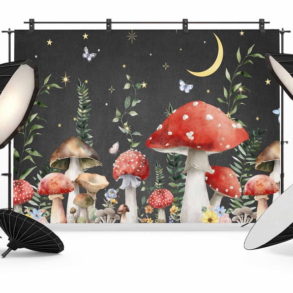 Photo Backdrop 8x10 ft Mushroom Flowers Photography Backdrops CurtainsButterfly Leaves Starry Night Stars Moon Photo Booth Drapes for Backdrop Photoshoot Wedding Party Birthday Background Screen