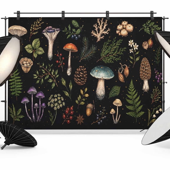 Photo Backdrop 8x10 ft Mycological Pattern Photography Backdrops Picture Wall Covering Nature Mushroom Fern Leaves Photo Booth Drapes for Backdrop Photoshoot Wedding Party Birthday Background Screen