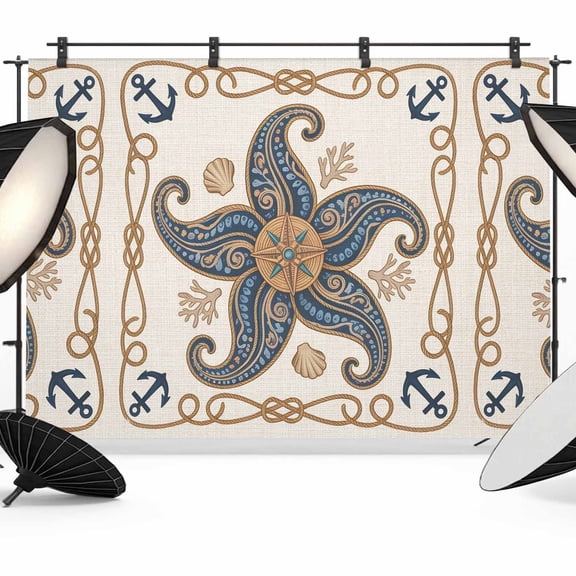 Photo Backdrop 8x10 ft Nautical Starfish Photography Backdrops CurtainsCoastal Shell Coral Anchor Rope Photo Booth Drapes for Backdrop Photoshoot Wedding Party Birthday Background Screen