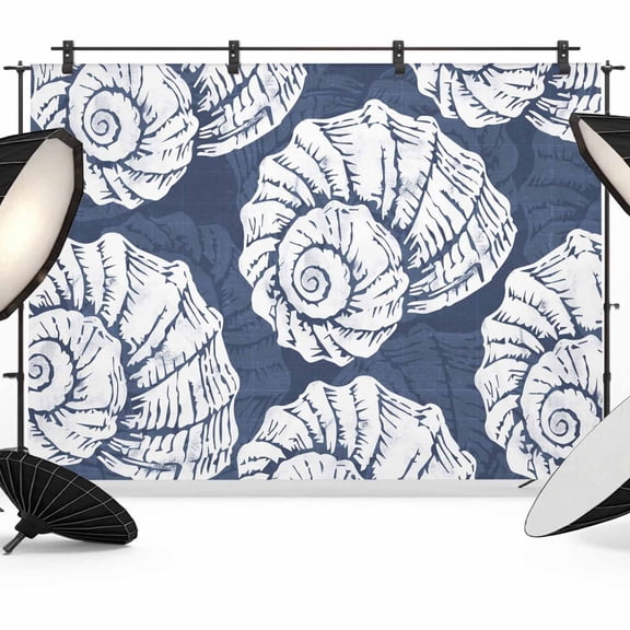 Photo Backdrop 8x10 ft Navy Blue Coastal Shells Photography Backdrops CurtainsOcean Conch Marine Life Photo Booth Drapes for Backdrop Photoshoot Wedding Party Birthday Background Screen
