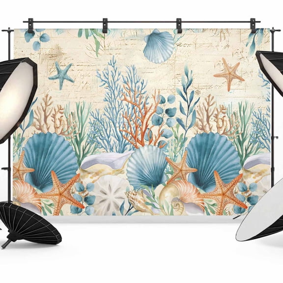 Photo Backdrop 8x10 ft Ocean Coral Photography Backdrops CurtainsSeagrass Starfish Conch Shell Retro Photo Booth Drapes for Backdrop Photoshoot Wedding Party Birthday Background Screen