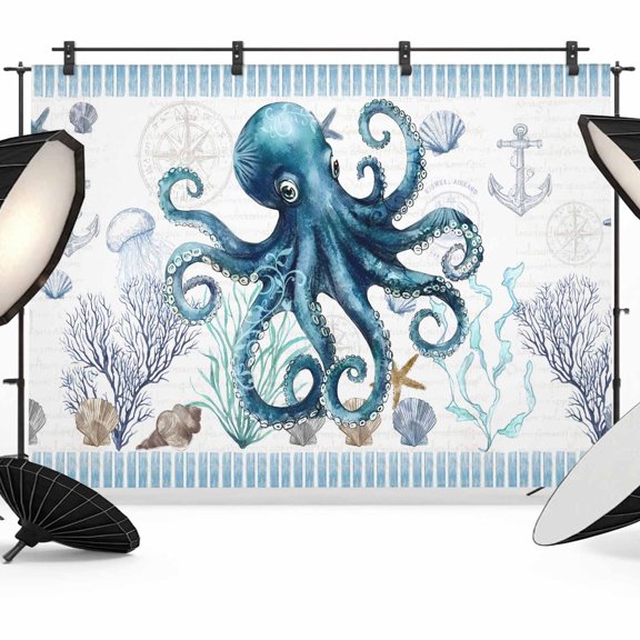 Photo Backdrop 8x10 ft Octopus Photography Backdrops Curtains Wall Covering Ocean Starfish Shell Seagrass Anchor Photo Booth Drapes for Backdrop Photoshoot Wedding Party Birthday Background Screen