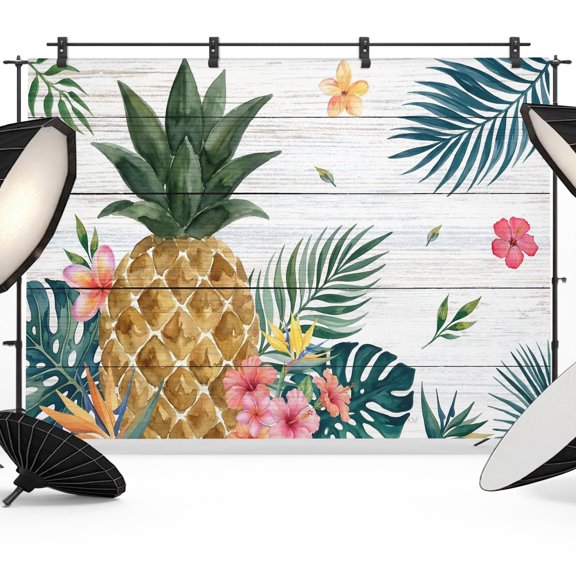 Photo Backdrop 8x10 ft Pineapple Palm Leaves Photography Backdrops CurtainsSummer Tropical Fruit Wood Grain Photo Booth Drapes for Backdrop Photoshoot Wedding Party Birthday Background Screen