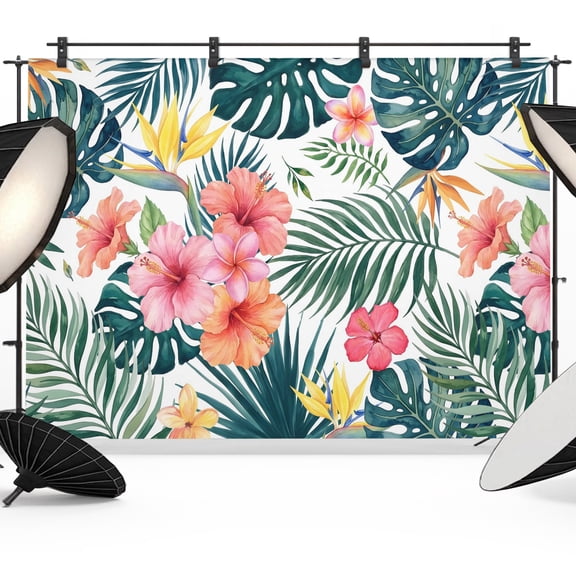 Photo Backdrop 8x10 ft Pink Hibiscus Blooms Photography Backdrops CurtainsSummer Tropical Palm Leaves Photo Booth Drapes for Backdrop Photoshoot Wedding Party Birthday Background Screen