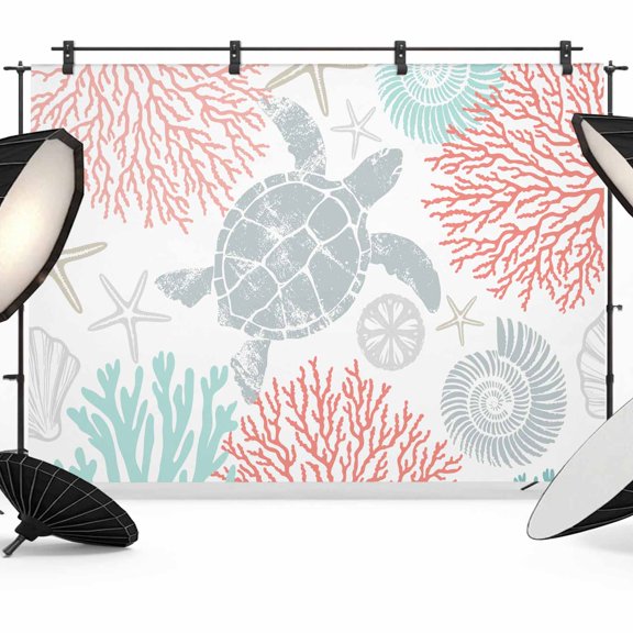 Photo Backdrop 8x10 ft Red Coral Turtle Photography Backdrops Curtains Picture Wall Covering Ocean Starfish Shell Photo Booth Drapes for Backdrop Photoshoot Wedding Party Birthday Background Screen