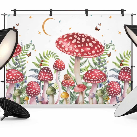 Photo Backdrop 8x10 ft Red Mushroom Moon Photography Backdrops CurtainsButterfly Branch Leaves Plant Photo Booth Drapes for Backdrop Photoshoot Wedding Party Birthday Background Screen
