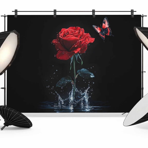 Photo Backdrop 8x10 ft Red Rose Photography Backdrops Curtains Picture Wall Covering Butterfly Splash Black Photo Booth Drapes for Backdrop Photoshoot Wedding Party Birthday Background Screen