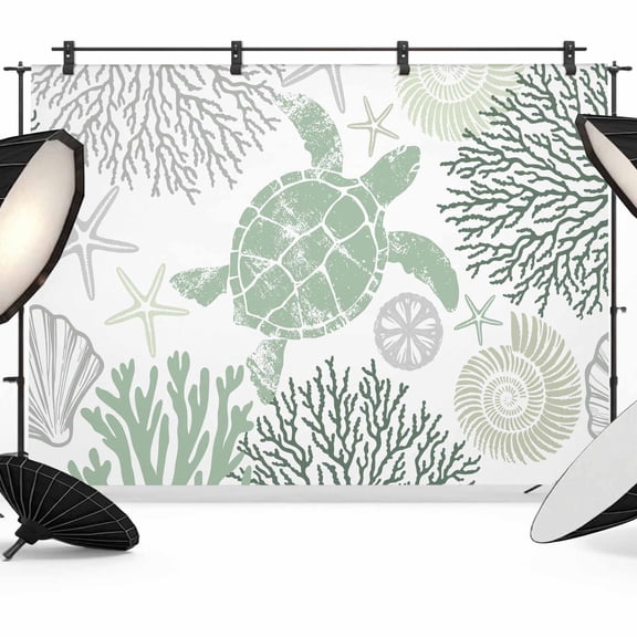 Photo Backdrop 8x10 ft Sage Green Turtle Photography Backdrops Curtains Picture Wall Covering Coral Starfish Shell Photo Booth Drapes for Backdrop Photoshoot Wedding Party Birthday Background Screen