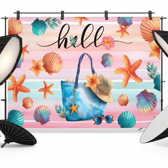 Photo Backdrop 8x10 ft Summer Beach Hat Tote Bag Photography Backdrops CurtainsStarfish Shell Stripes Hello Photo Booth Drapes for Backdrop Photoshoot Wedding Party Birthday Background Screen
