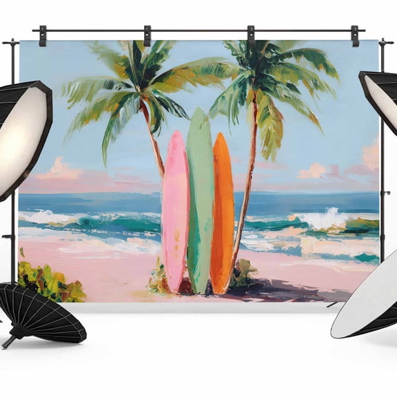 Photo Backdrop 8x10 ft Summer Beach Photography Backdrops Curtains Wall Covering Tropical Palm Trees Surfboard Photo Booth Drapes for Backdrop Photoshoot Wedding Party Birthday Background Screen