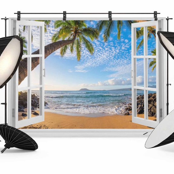 Photo Backdrop 8x10 ft Summer Beach Window View Photography Backdrops Picture Wall Covering Tropical Palm Tree Photo Booth Drapes for Backdrop Photoshoot Wedding Party Birthday Background Screen