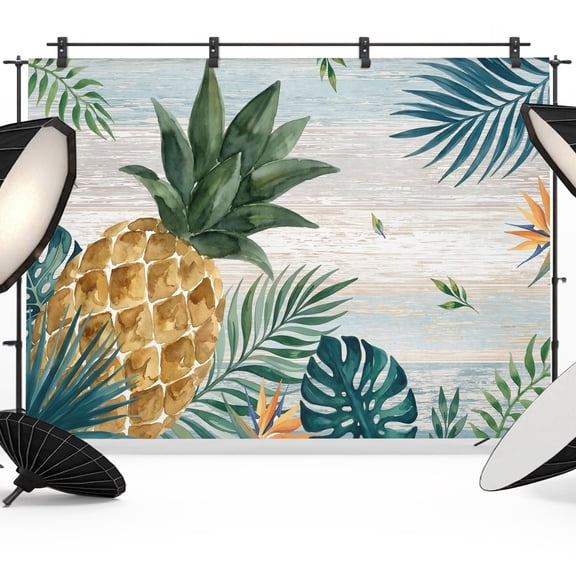 Photo Backdrop 8x10 ft Tropical Pineapple Palm Leaves Photography Backdrops Curtains Wall Covering Blue Wood Grain Photo Booth Drapes for Backdrop Photoshoot Wedding Party Birthday Background Screen