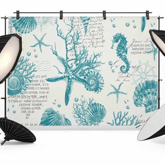Photo Backdrop 8x10 ft Turquoise Starfish Conch Photography Backdrops Curtains Wall Covering Shell Seahorse Photo Booth Drapes for Backdrop Photoshoot Wedding Party Birthday Background Screen