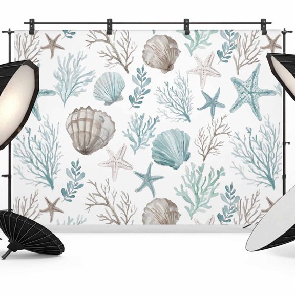 Photo Backdrop 8x10 ft Turquoise Starfish Shell Photography Backdrops CurtainsCoral Ocean Marine Life Photo Booth Drapes for Backdrop Photoshoot Wedding Party Birthday Background Screen