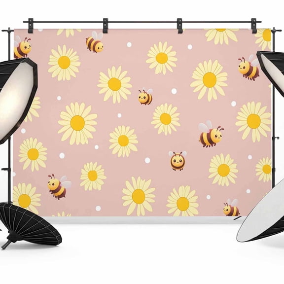Photo Backdrop 8x10 ft Yellow Daisy Bee Photography Backdrops Curtains Wall Covering Floral Polka Dots Pink Photo Booth Drapes for Backdrop Photoshoot Wedding Party Birthday Background Screen