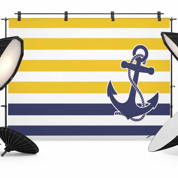Photo Backdrop 8x10 ft Yellow Stripes Photography Backdrops Curtains Wall Covering Navy Blue Nautical Anchor Photo Booth Drapes for Backdrop Photoshoot Wedding Party Birthday Background Screen