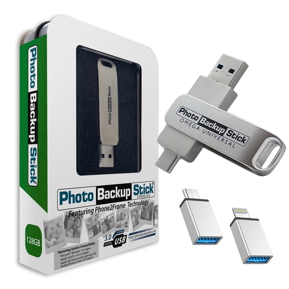 Photo Backup Stick Omega Universal Picture and Video Backup for Any Device - iPhone, Android, Computer, Tablets (128GB)