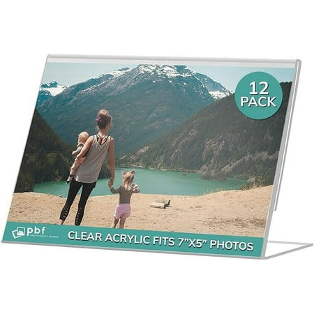 pbf 7x5 Acrylic Sign Holder | 7 x 5 Horizontal Stand Up Slanted Sign Holder | Acrylic Stands for Display | Clear Picture Frame, Menu Table Top Stand, Plastic Flyer Holder (12-Pack)