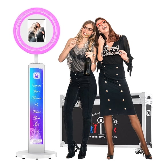 Photo Booth Machine Compatible with Any Ipad,ChackTok PhotoBooth VIP Member,Free Custom Logo,Software APP Control Ring Light,Perfect for Wedding,Parties and Birthday(White)