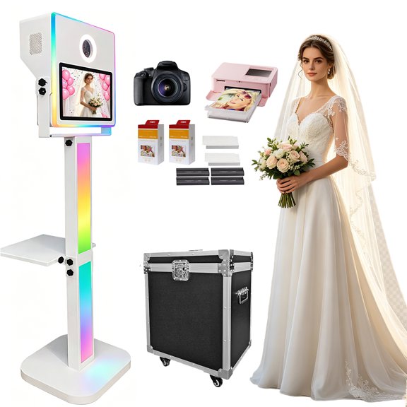 Photo Booth with Printer and Camera, Portable Mirror Photo Booth 15.6inch Touch Screen Selfie DSLR Photobooth Machine RGB Lights for Events Wedding Graduation Party Rental
