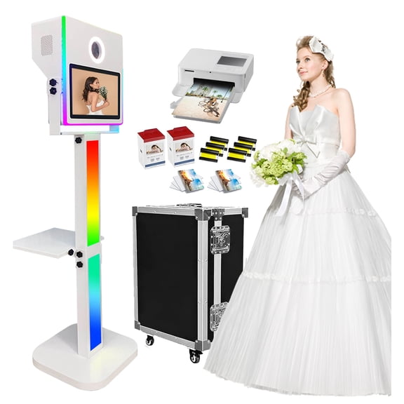 Photo Booth with Printer Included, Mirror Photo Booth 15.6-in Touch Screen Selfie RGB Lights Portable Photobooth Machine for Events Wedding Party Rental Flight Case