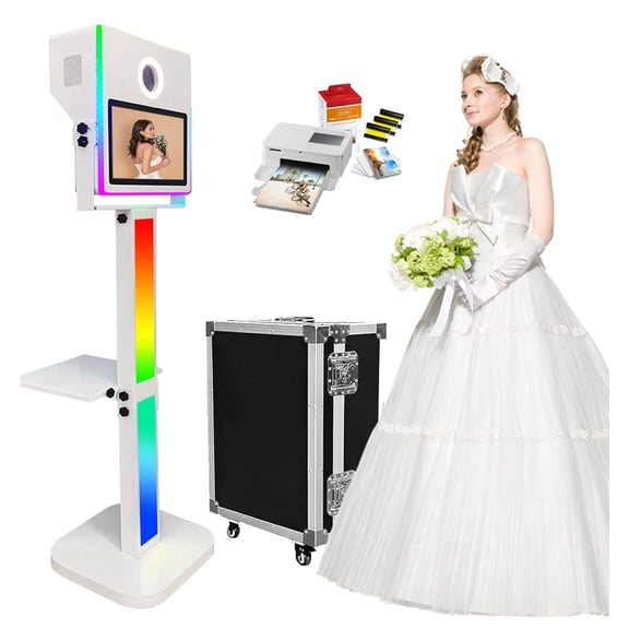 Photo Booth with Printer Included, Mirror Photo Booth 15.6-in Touch Screen Selfie RGB Lights Portable Photobooth Machine for Events Wedding Party Rental Flight Case