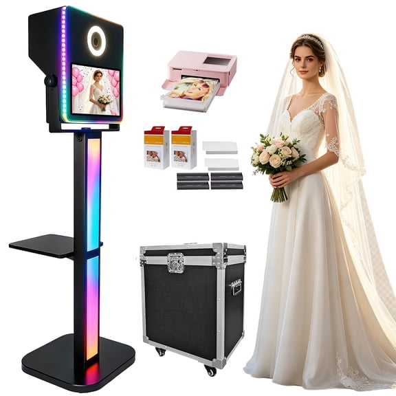 Mirror Photo Booth with Printer, Portable Photobooth 15.6inch Touch Screen DSLR Photo Booth Selfie Machine RGB Lights for Events Wedding Graduation Party Rental