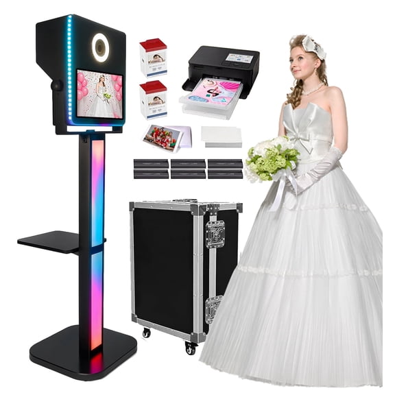 Photo Booth with Printer, Portable Selfie Photobooth Machine 15.6-in Mirror Touch Screen for Events Wedding Birthday School Party Rental RGB Lights Stand