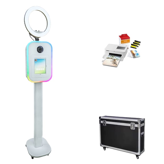 Photo Booth with Printer for iPad 13" 12.9" 11" 10.9" 10.5" 10.2" and DSLR Camera, Selfie Photobooth Machine Ring Lights for Events Wedding Party Rental Flight Case