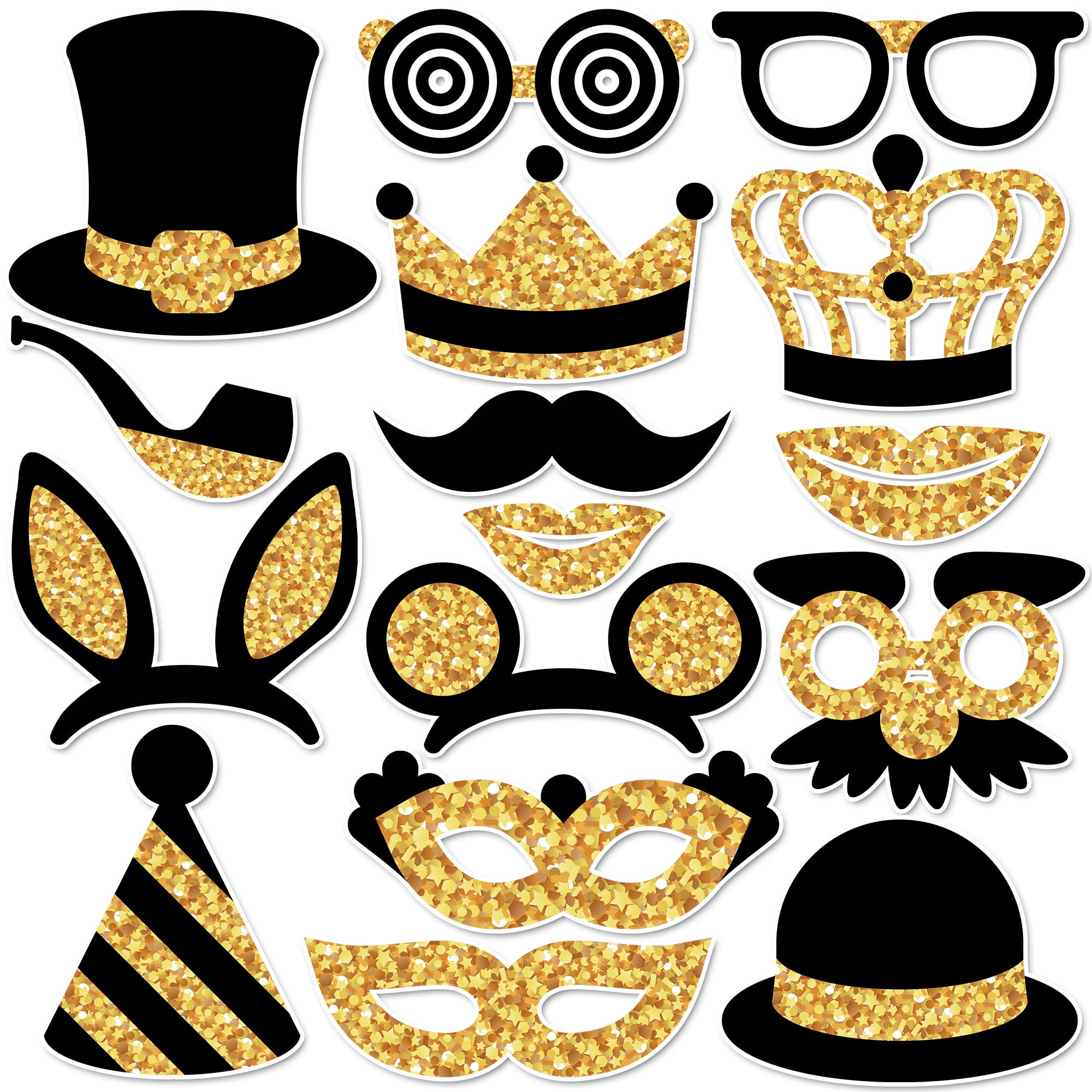Black and Gold Glitter Party Photo Booth Props Kit, 16 Pieces