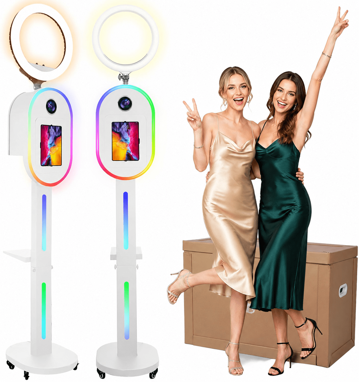 Photo Booth for iPad 10.2" 10.5" 10.9" 11" 12.9" & DSLR Camera, 2-in-1 Selfie Station Shell Stand with RGB Ring Light, Custom Logo Light Box, Honeycomb Box for Weddings Parties Events Rental