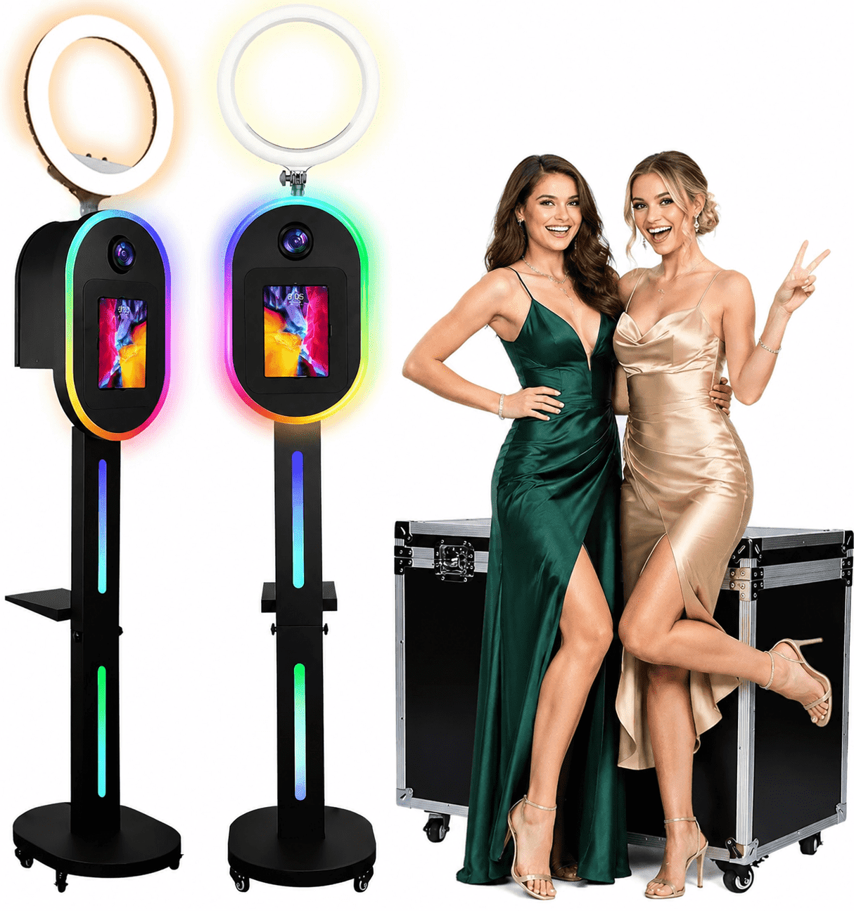 2-in-1 Photo Booth for iPad 10.2" 10.9" 11" 12.9" and DSLR Camera, RGB Ring Light Selfie Station with Music Sync, Custom Logo Light Box and Flight Case for Event Rental Business
