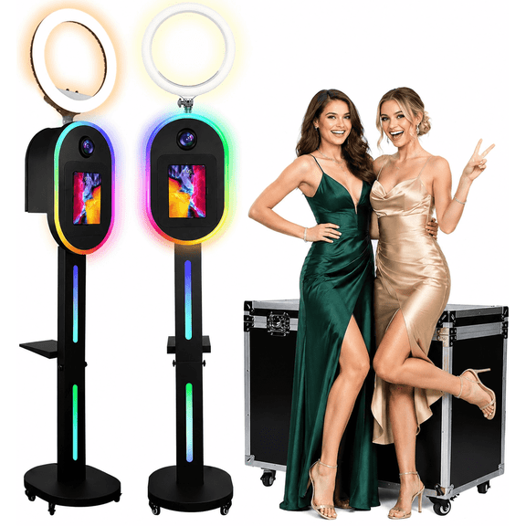 2-in-1 Photo Booth for iPad 10.2" 10.9" 11" 12.9" and DSLR Camera, RGB Ring Light Selfie Station with Music Sync, Custom Logo Light Box and Flight Case for Event Rental Business