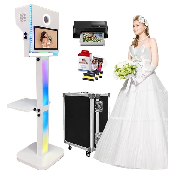 Photo Booth with Printer, DSLR Photobooth Machine 15.6" Touch Screen Selfie RGB Lights  for Events Wedding School Party Flight Case Pack
