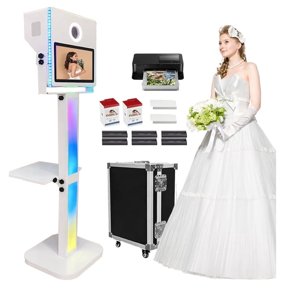 Photo Booth with Printer, DSLR Photobooth Machine 15.6" Touch Screen Selfie RGB Lights  for Events Wedding School Party Flight Case Pack