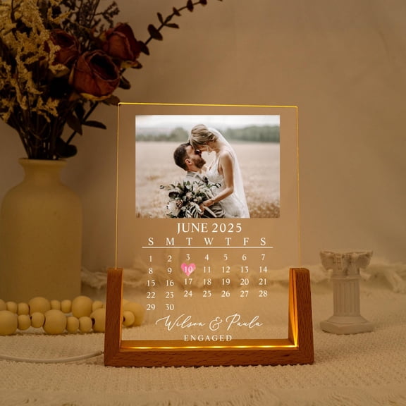 Photo Calendar Milestone Custom Night Light Acrylic Plaque Wooden Base Newlywed Christmas Gift For Couples Bedside Lamp