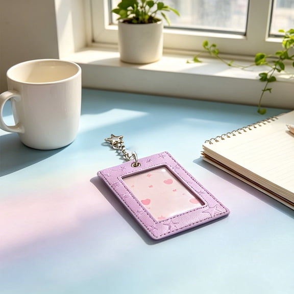 Photo Card Holder 3" with Star Keychain PU Leather ID Protector for Students,Purple