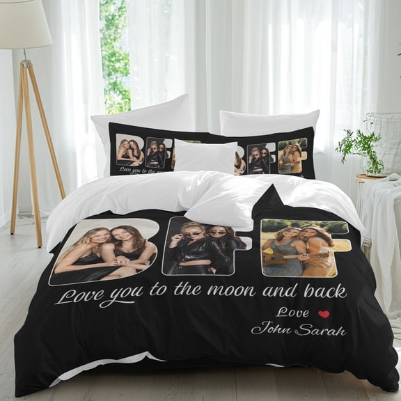 Photo Custom King Duvet Cover Set, Love You to The Moon and Back Black 4 Piece Soft Cozy Comforter Cover Bedding Set with Zipper, 1 Duvet Cover, 1 Flat Sheet, 2 Pillowcase