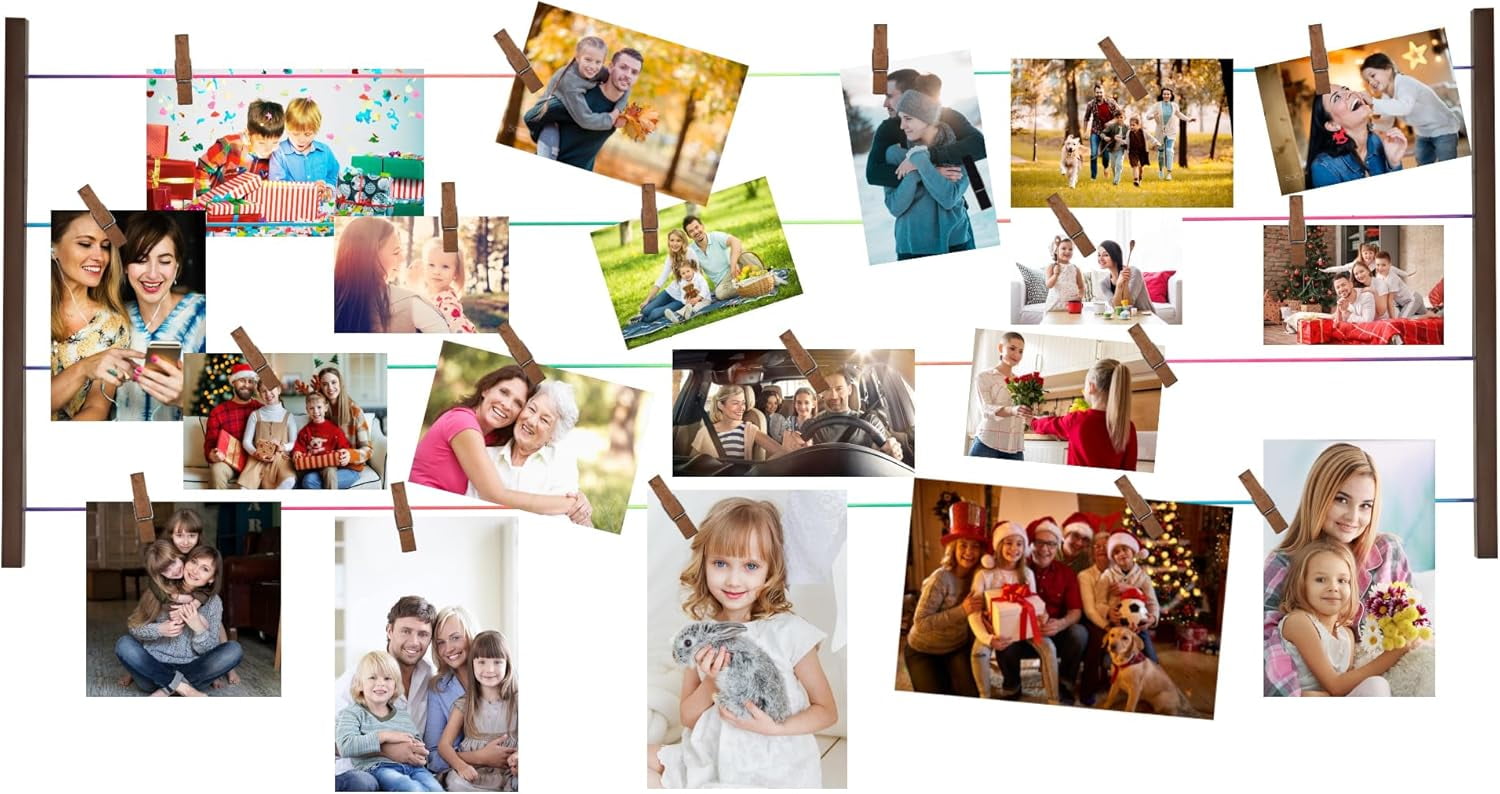 Photo Display Doard Picture Frames Collage Wall Decor Hanging Pictures with 30 Clips and Adjustable Elastic Cord Wood Rustic Holder for Multi Pictures, Artworks, Cards