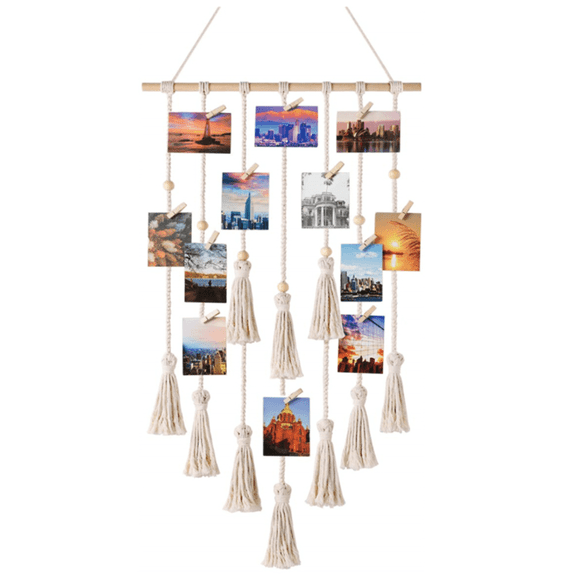 Photo Display Wall Decor - Wall Hanging Boho Home Decor,Picture Frames Collage Board with 30 Clips,Bohemian Decor for Bedroom Apartment Living Room (Ivory)