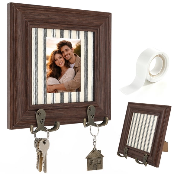Photo Frame Key Holder Rustic Tan Dual Hooks Vintage Style for Entryway