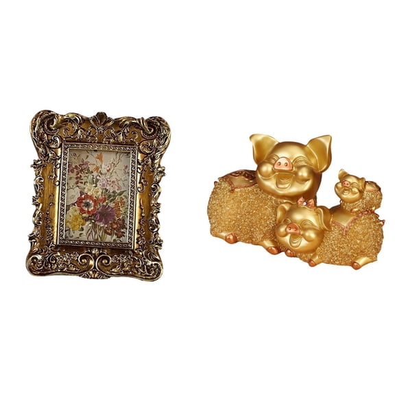 Photo Frame Lucky Pig Figurine Resin Sculpture Vintage Decorative Tabletop Home Office Dorm Display