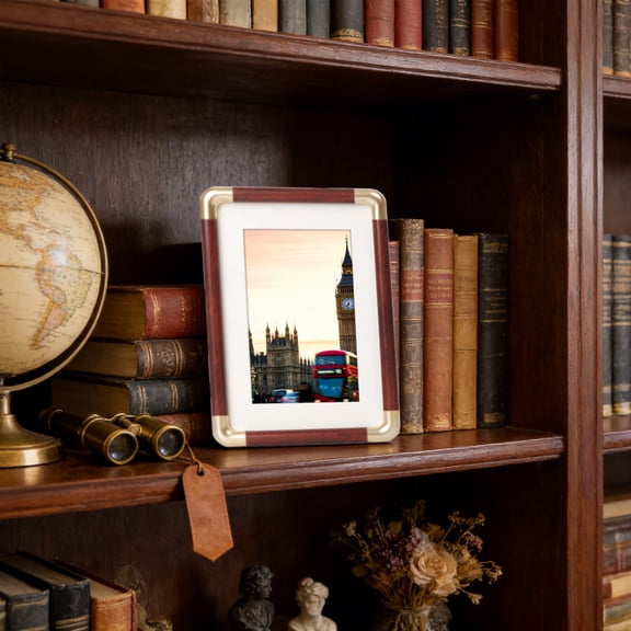 Photo Frame | Plastic Imitation Copper Corner | Solid Wood Grain Texture | Tabletop & Wall Mount | Scratch Resistant Lens | Waterproof | Brown, Red | 10x15cm, 21x29.7cm | Easy Install | Durable Home