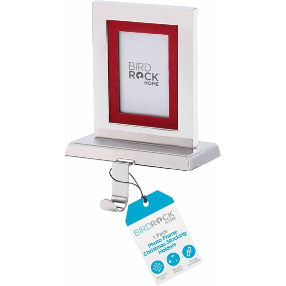 Photo Frame Stocking Holder - 1pk - Holiday Greetings Mantle Fireplace Topper - Decorative Christmas Stocking Holder - Stainless Steel