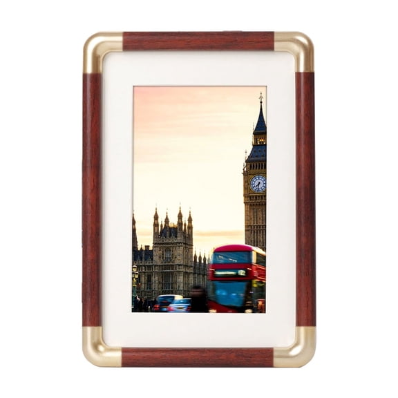 Photo Frame with Imitation Copper Corners, Solid Wood Texture Picture Frame, Plastic Tabletop and Wall Decor Frame, Vintage Style Display Frame