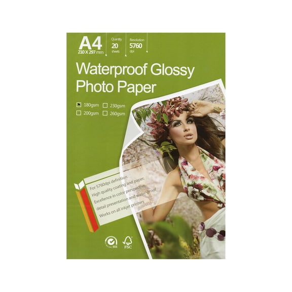 Photo Glossy White Paper 8.3"x11.7" A4 Size 20 sheets weight 180gsm. Dries Quickly Pictures Colors print for all inkjet printer